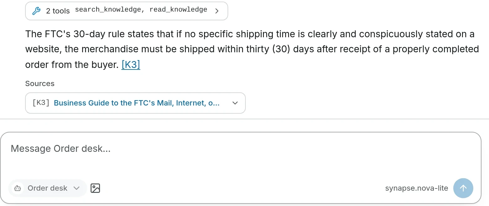 An agent's answer about the FTC's 30-day shipping rule, citing passage [K3], with its source listed under the answer.