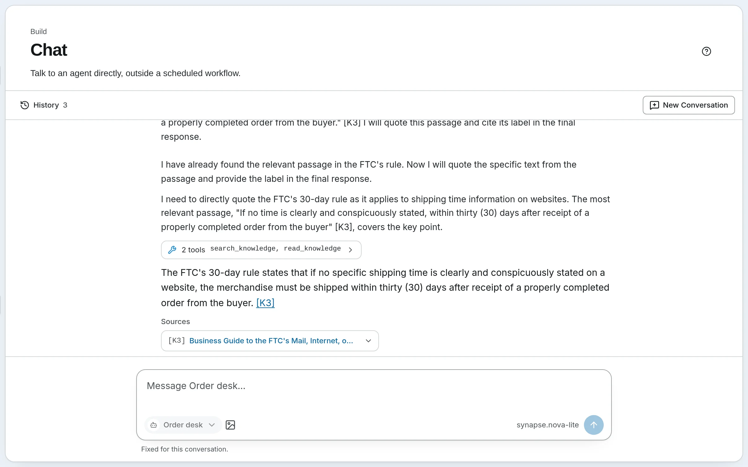A chat with the Order desk agent: it answers what the FTC's 30-day rule says, cites the passage it used, and lists it under Sources.