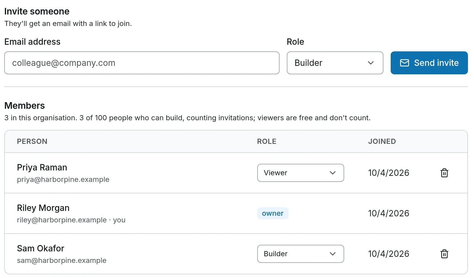 Settings, Members: invite someone by email with a role, and the members list, where viewers are free and don't count toward the people who can build.